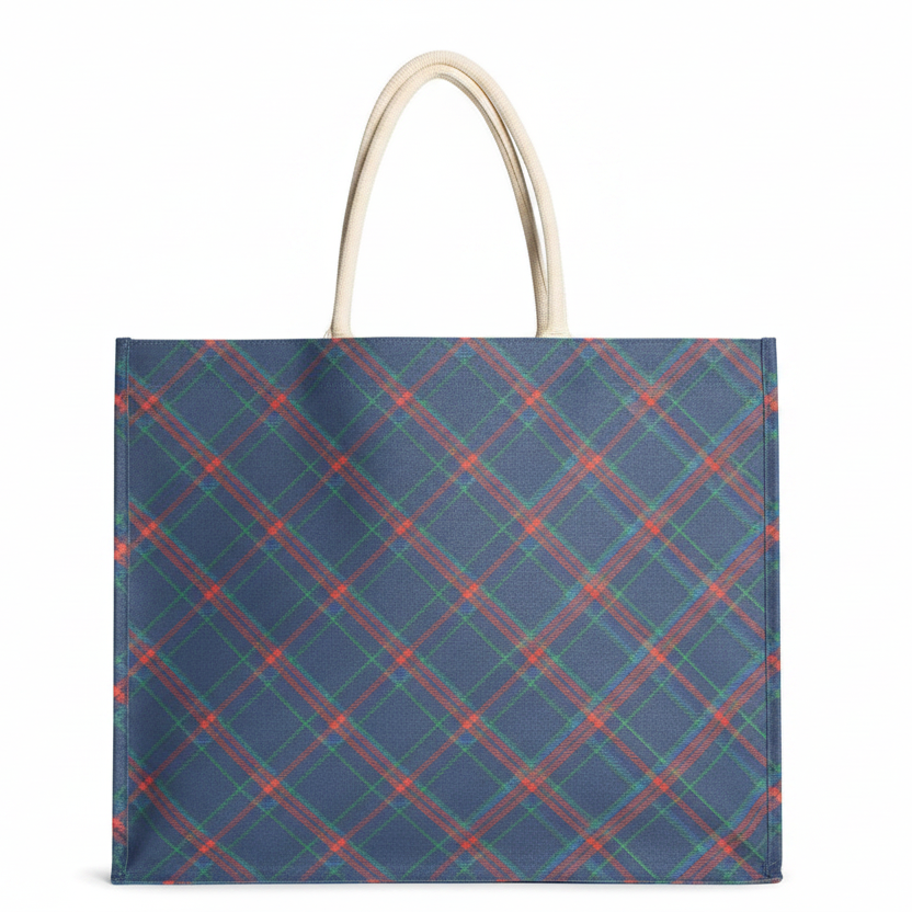 Plaid Merry Carryall square tote bag in blue, red, and green with two rope handles.