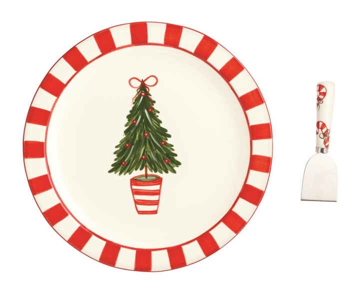 Topiary Tree Cookie Plate Set with a painted Christmas tree plate, red and white striped rim, and candy cane handled metal server.