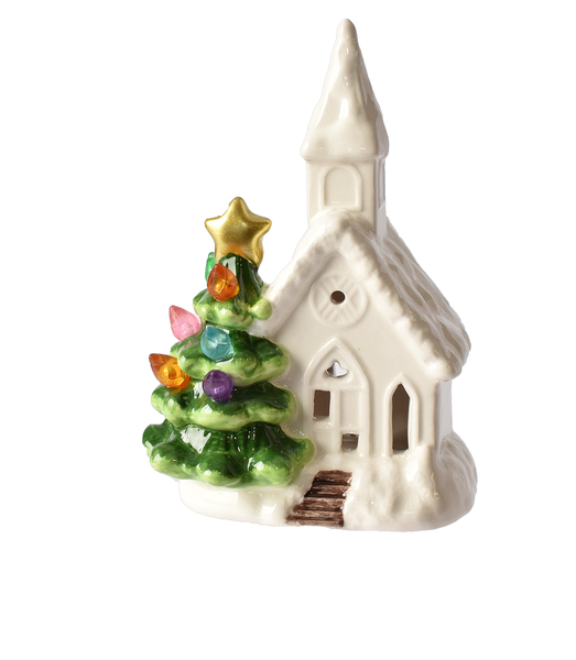 LED light-up ceramic church with mini tree, multicolored lights, and gold star topper.