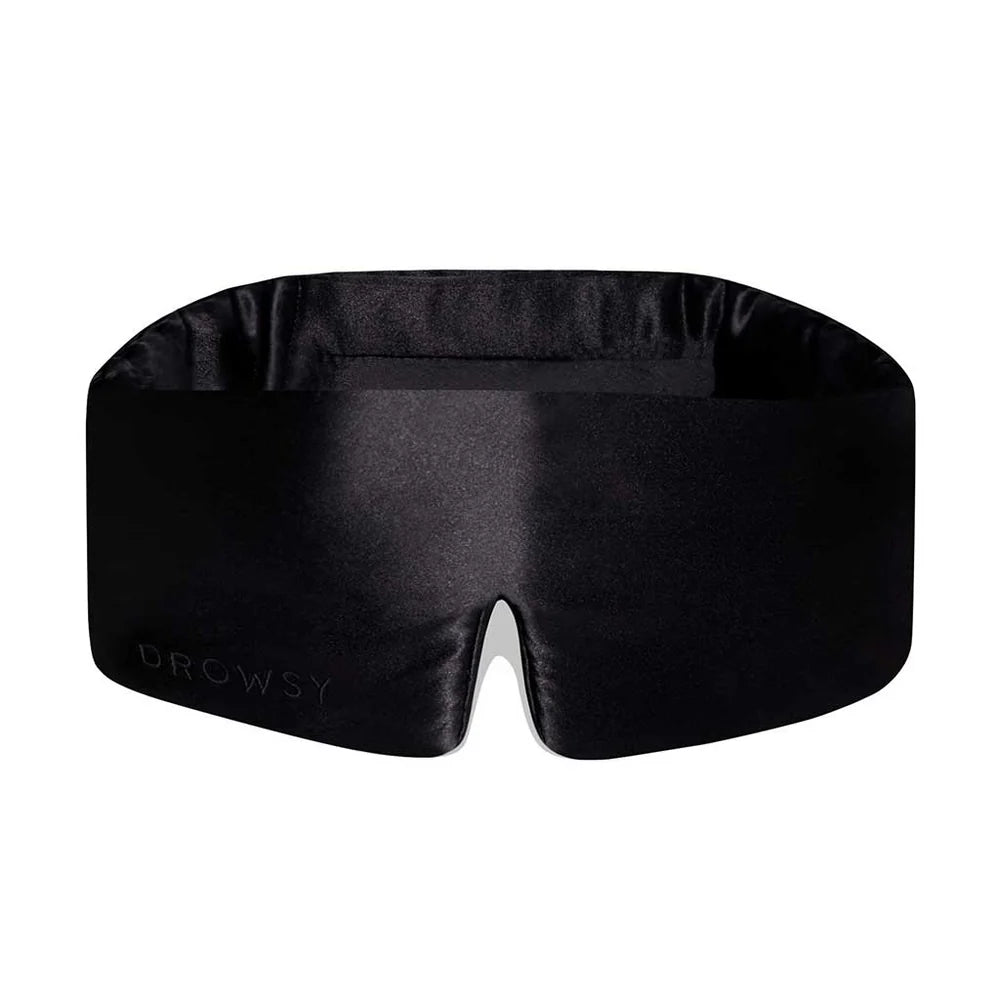 Black Drowsy Silk Sleep Mask, smooth wide design, small nose cutout, subtle logo. Total blackout. Sizes: Standard, XL.