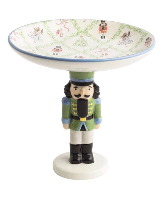 Nutcracker candy dish with soldier base and festive bowl. Available in multiple sizes.