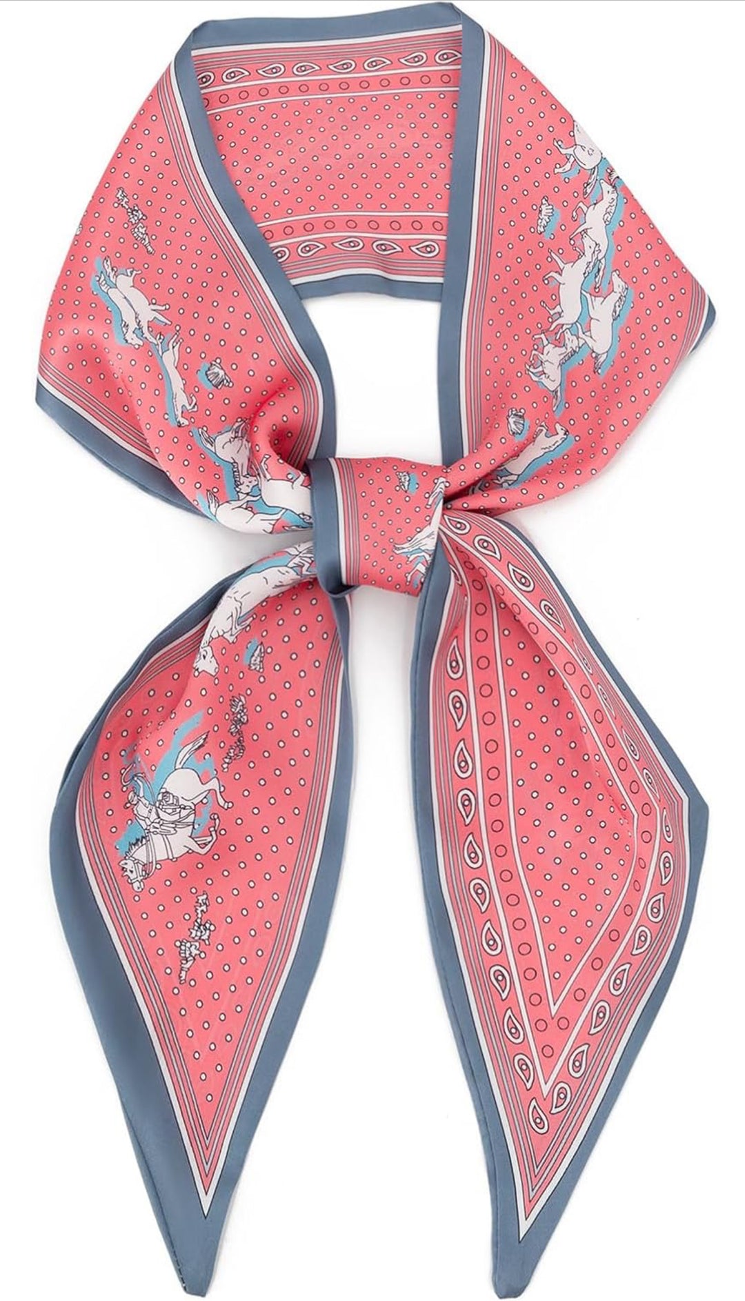 Pink and blue silk scarf with dots, decorative borders, white horse motifs; available in S/M/L.