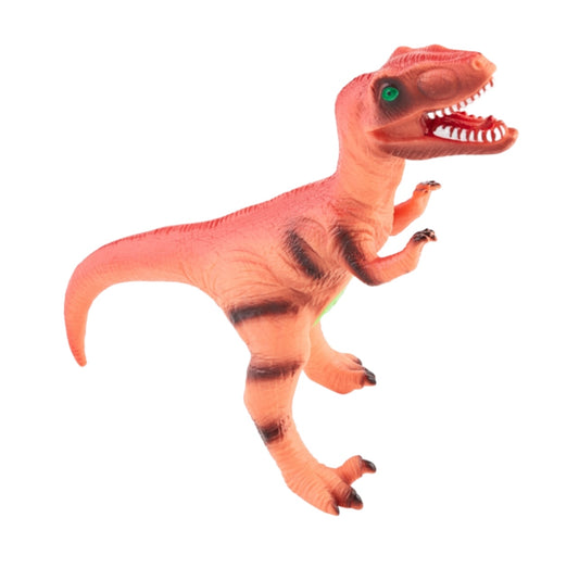 Dino Toys With Sound" is a realistic velociraptor toy with sharp teeth, reddish-orange color, black stripes, and green eyes. Available sizes: Small, Medium, Large.