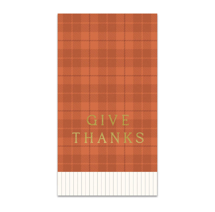 Rectangular card with orange plaid pattern and “GIVE THANKS” in yellow-green letters, with thin vertical gray lines on white at the bottom. Available sizes: 4x6 inches, 5x7 inches.