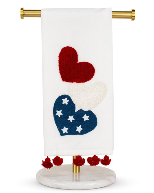 American Love Hand Towel features red, white, and blue hearts with stars, red pom-poms. Available in standard hand towel size.