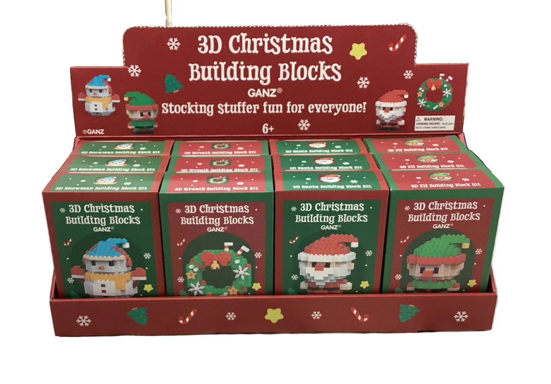 Countertop display box containing twelve 3D Christmas Building Blocks gift boxes.