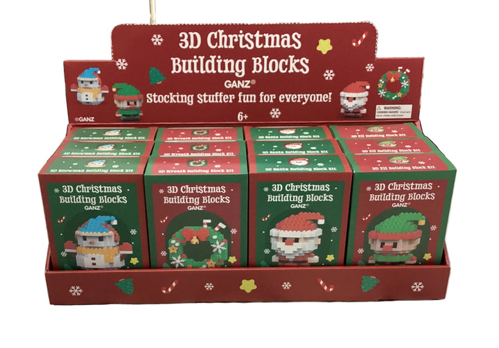 Countertop display box containing twelve 3D Christmas Building Blocks gift boxes.
