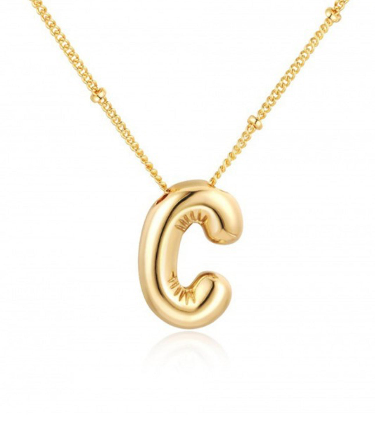 This product is a Personalized Bubble Balloon Initial Necklace featuring a pendant shaped like the letter "C". Available in multiple chain lengths.