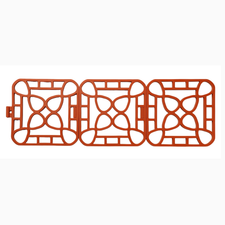 Three orange interlocking trivets with geometric floral cut-outs, rounded square shape. Available sizes: small, medium, large.