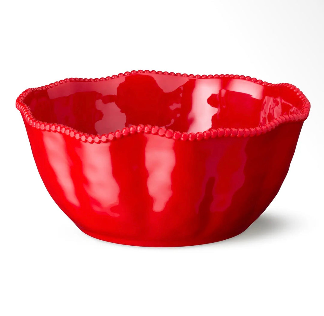 Glossy red Perlette Salad Bowl with a wavy, beaded rim.