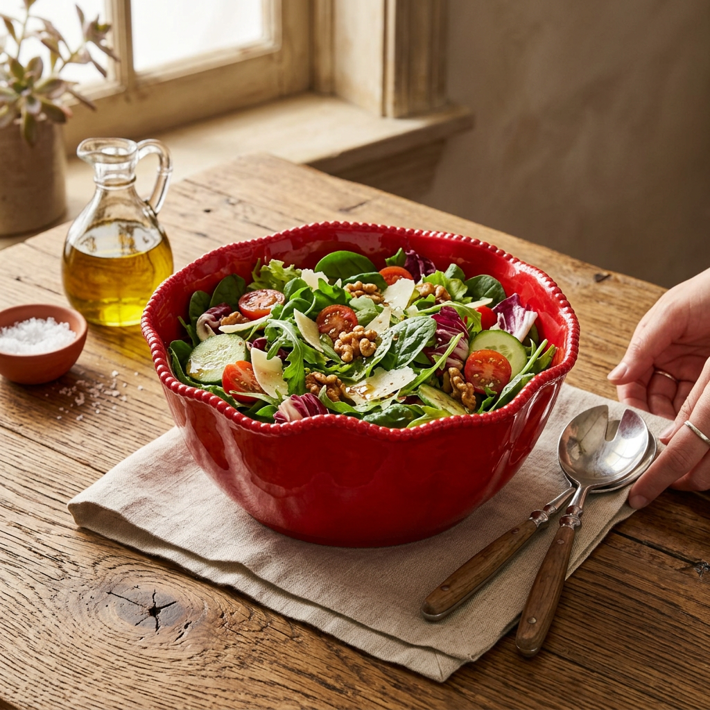 Large red Perlette salad bowl with pearl-like detailing.