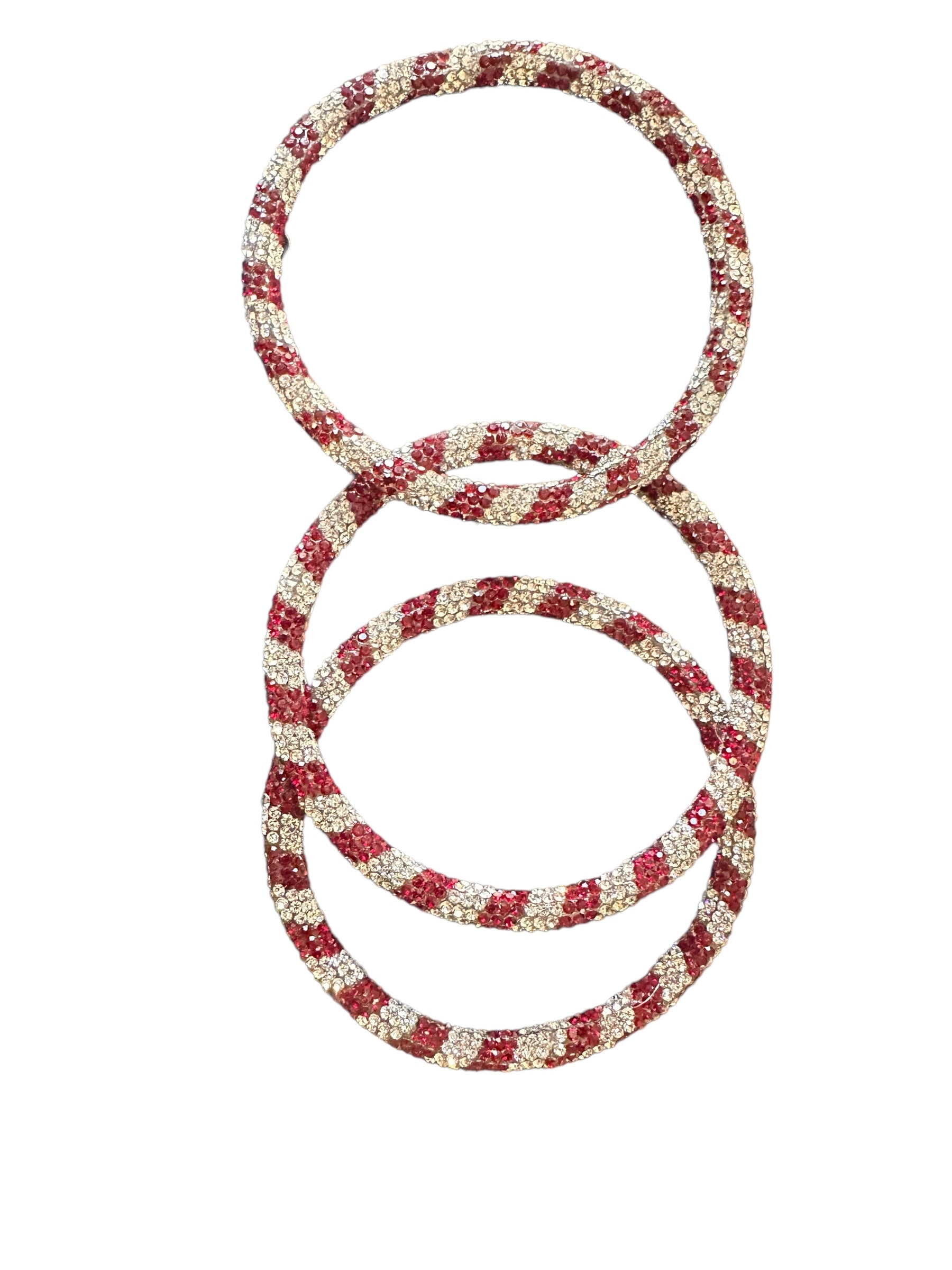 Four glitter bangles with red and white striped bead patterns. Sizes: Small, Medium, Large.