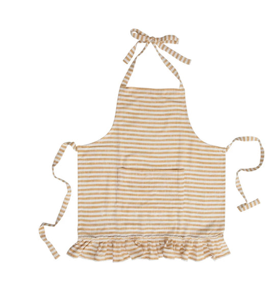 Mustard and white striped apron, tied in the back and around the neck with a large pocket and ruffles on the bottom bottom