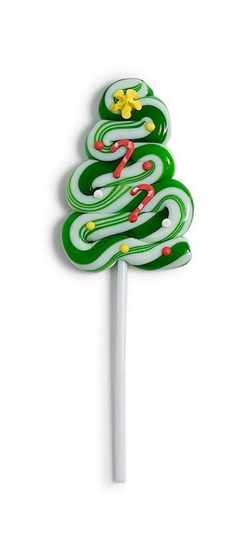 Christmas Tree Swirl Lollipop with green and white peppermint swirls, yellow star, small candy canes, and colorful sugar beads on a white stick.