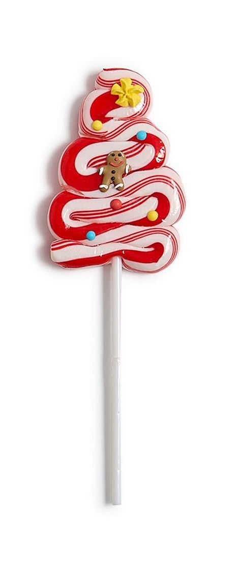 Christmas Tree Swirl Lollipop with red and white peppermint swirls, gingerbread man figure, and sugar beads. Available in multiple sizes.