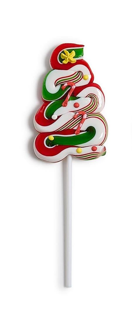 Christmas tree-shaped swirl lollipop with red, green, and white swirls, a yellow star, and candy accents on a white stick.