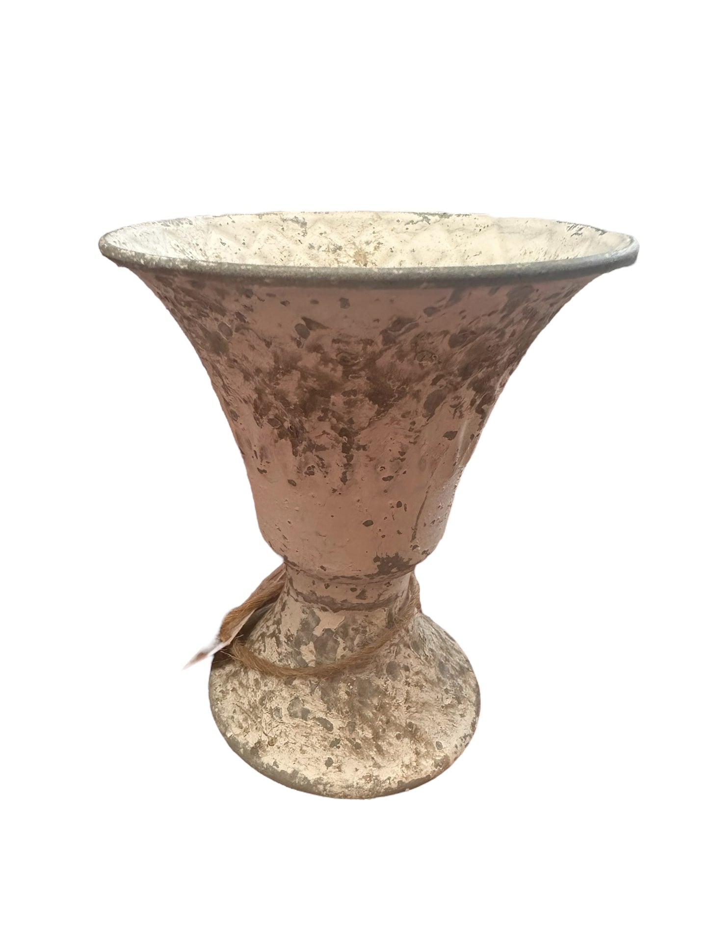 Rustic wide-brimmed urn with flared lip, narrow base, and weathered off-white/light brown texture. Twine wrapped around midsection. Sizes available: Small, Medium, Large.