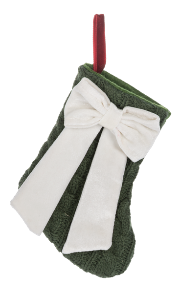 Mini dark green cable-knit Christmas stocking with a white bow and red hanging loop.