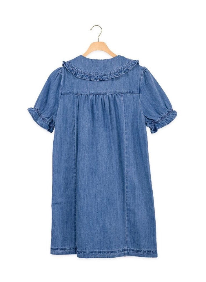 Denim Ruffle Collar Mini Dress with short sleeves and ruffled trim on collar and sleeves. Available in sizes XS–L.