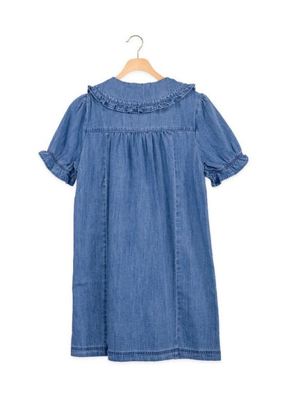 Denim Ruffle Collar Mini Dress with short sleeves and ruffled trim on collar and sleeves. Available in sizes XS–L.