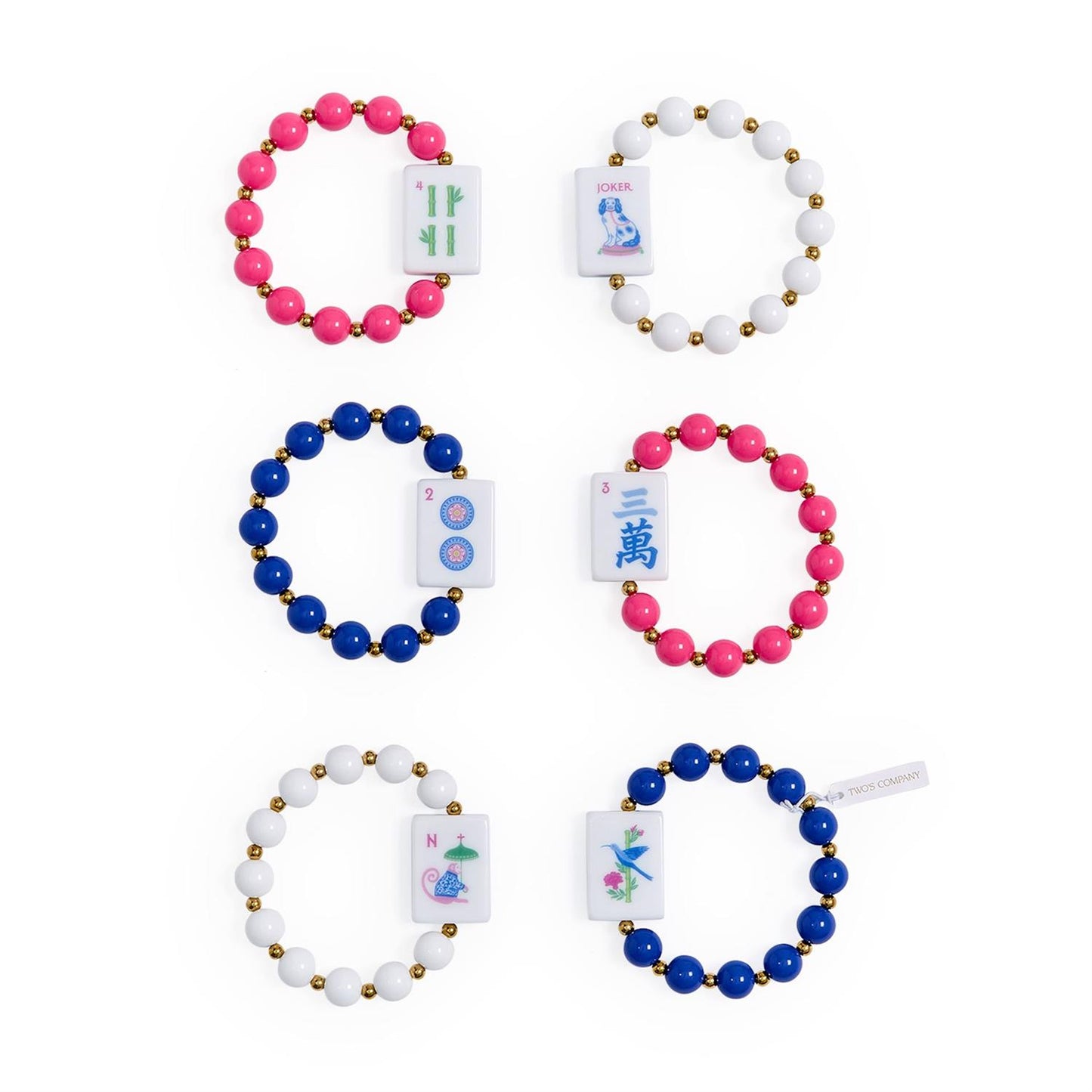 Six Mahjong Beaded Stretch Bracelets in pink, blue, and white with mahjong tile charms, colorful acrylic accents, and gold accent beads. Sizes available: one size fits most.