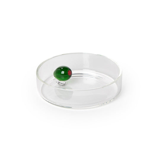 Clear glass dish with a green glass olive and red pimento detail inside; available in small and large sizes.