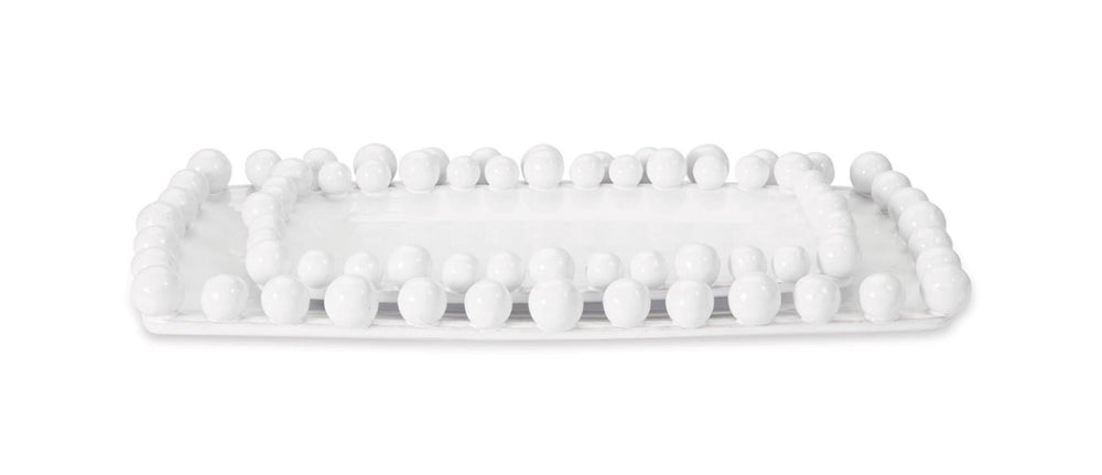 Rectangular white ceramic platter with raised edges and round beads on border. Available in small, medium, and large sizes.