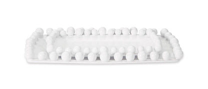 Rectangular white ceramic platter with raised edges and round beads on border. Available in small, medium, and large sizes.