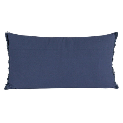 26”x14” dark blue cotton blend velvet lumbar pillow with fringe and slightly frayed edges.