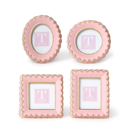Set of 4 pink resin mini frames, 2 round, 2 square, with gold scalloped edges; each has a white "T" on a pink background.