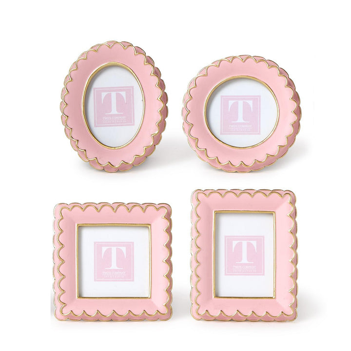 Set of 4 pink resin mini frames, 2 round, 2 square, with gold scalloped edges; each has a white "T" on a pink background.