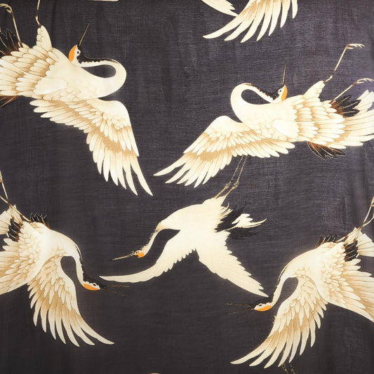 Heron Charcoal Long Kimono with white herons and orange crowns print. Lightweight, stylish. Available in S, M, L, XL.