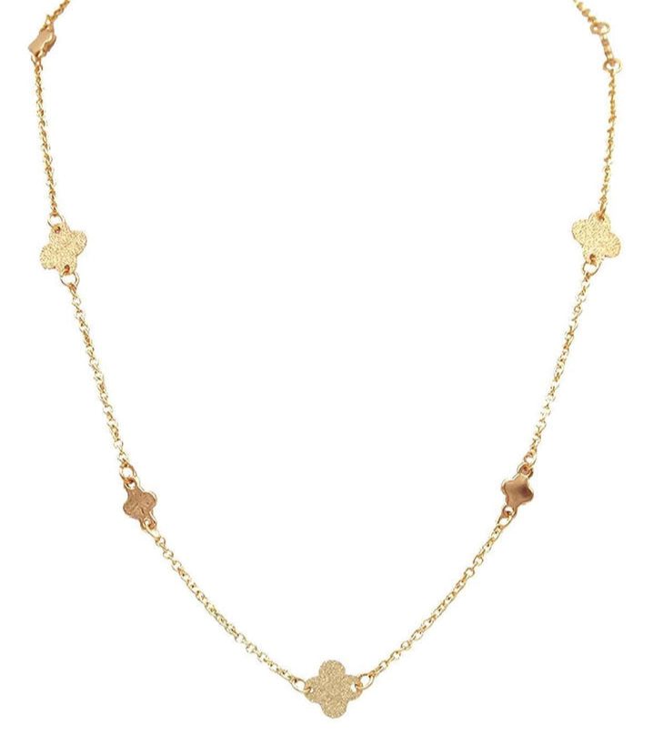 Gold Textured Clover Necklace with spaced, textured four-leaf clover charms. Adjustable; available in 16", 18", and 20" lengths.