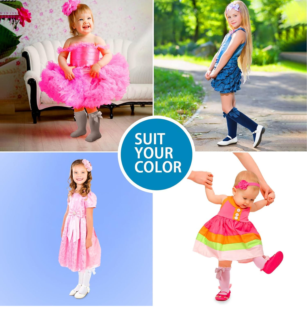 Baby Knee High Socks with Bows shown in various colors. Sizes available: 0–6M, 6–12M, 1–3Y, 3–5Y. "SUIT YOUR COLOR" text.