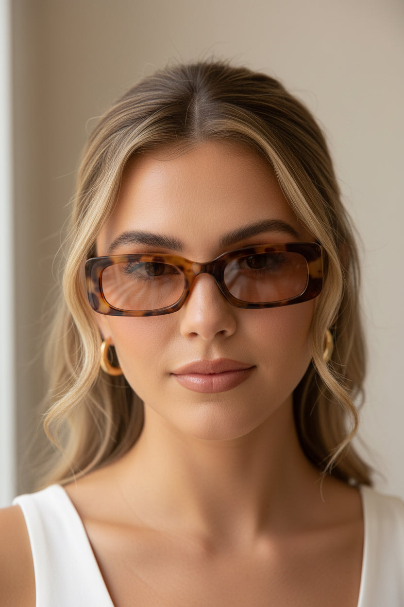 Tortoise frame sunglasses crafted from durable acetate; available in small, medium, and large sizes.