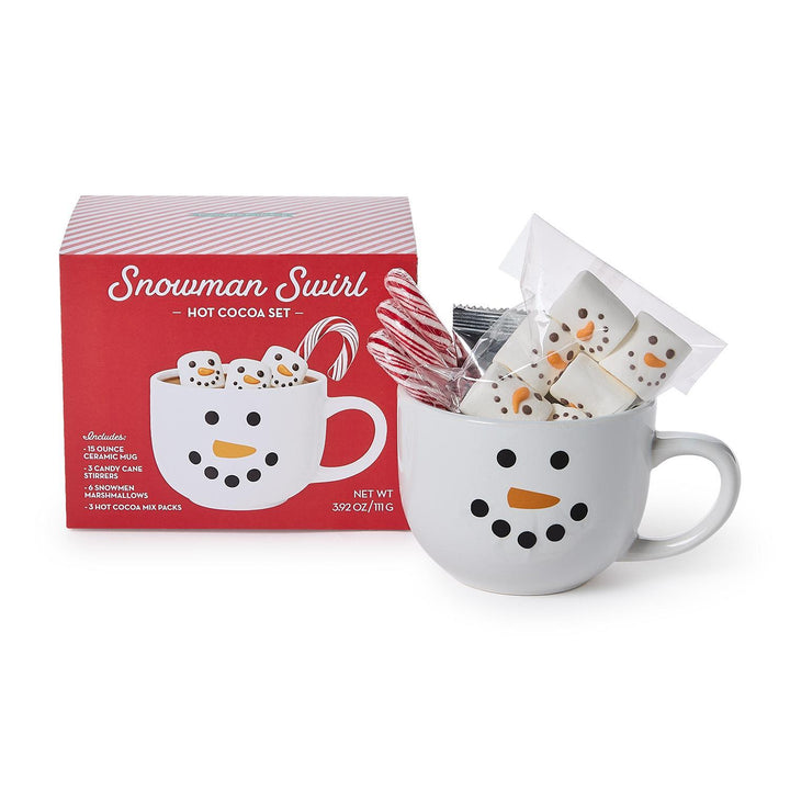 Snowman Swirl Hot Cocoa Set with 15-ounce snowman face ceramic mug, six snowman-shaped marshmallows, and a candy cane.