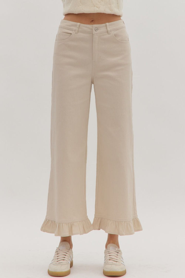 Leah Ruffle Trim Pants: high-waisted, wide-leg, ruffle hems. Available in sizes XS-XL.