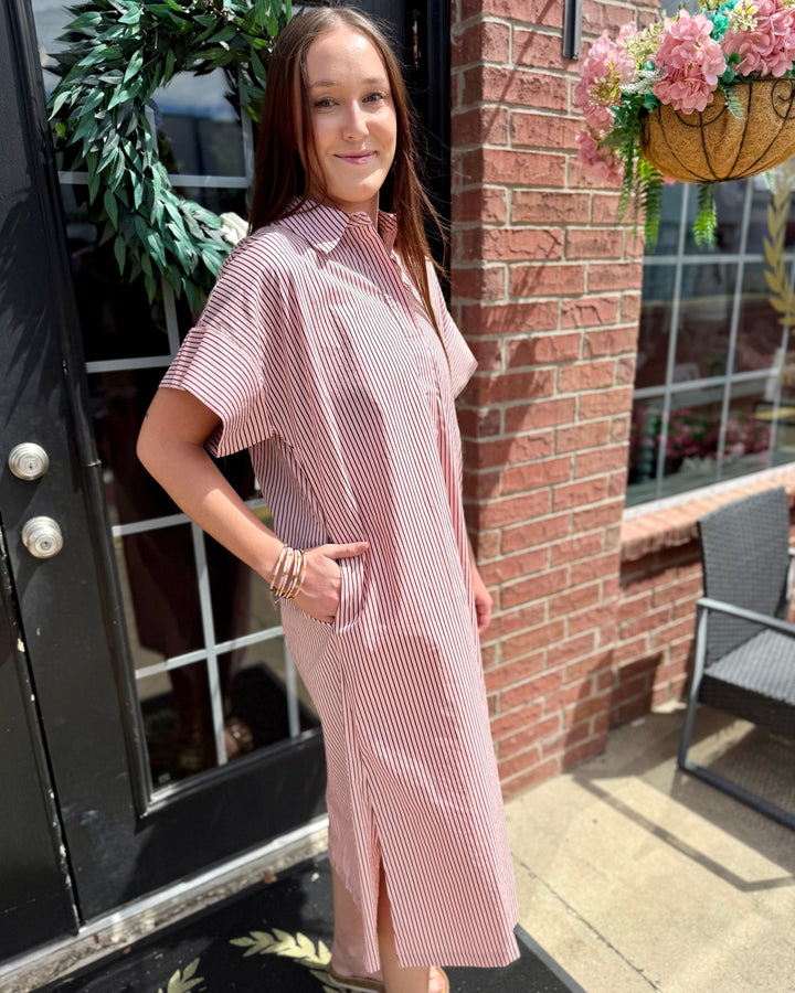 Pink and brown striped polo midi dress, available in sizes XS–XL.