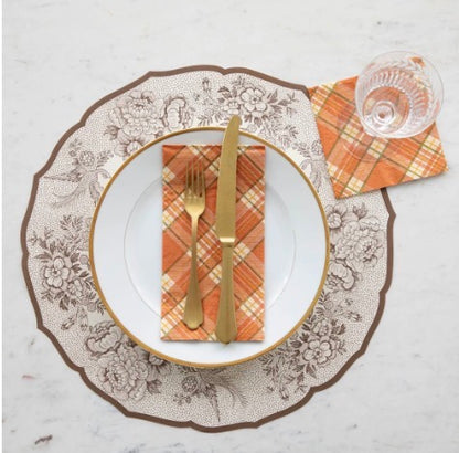 Vibrant Orange Plaid Table Napkins available in 16″x16″ and 20″x20″.
