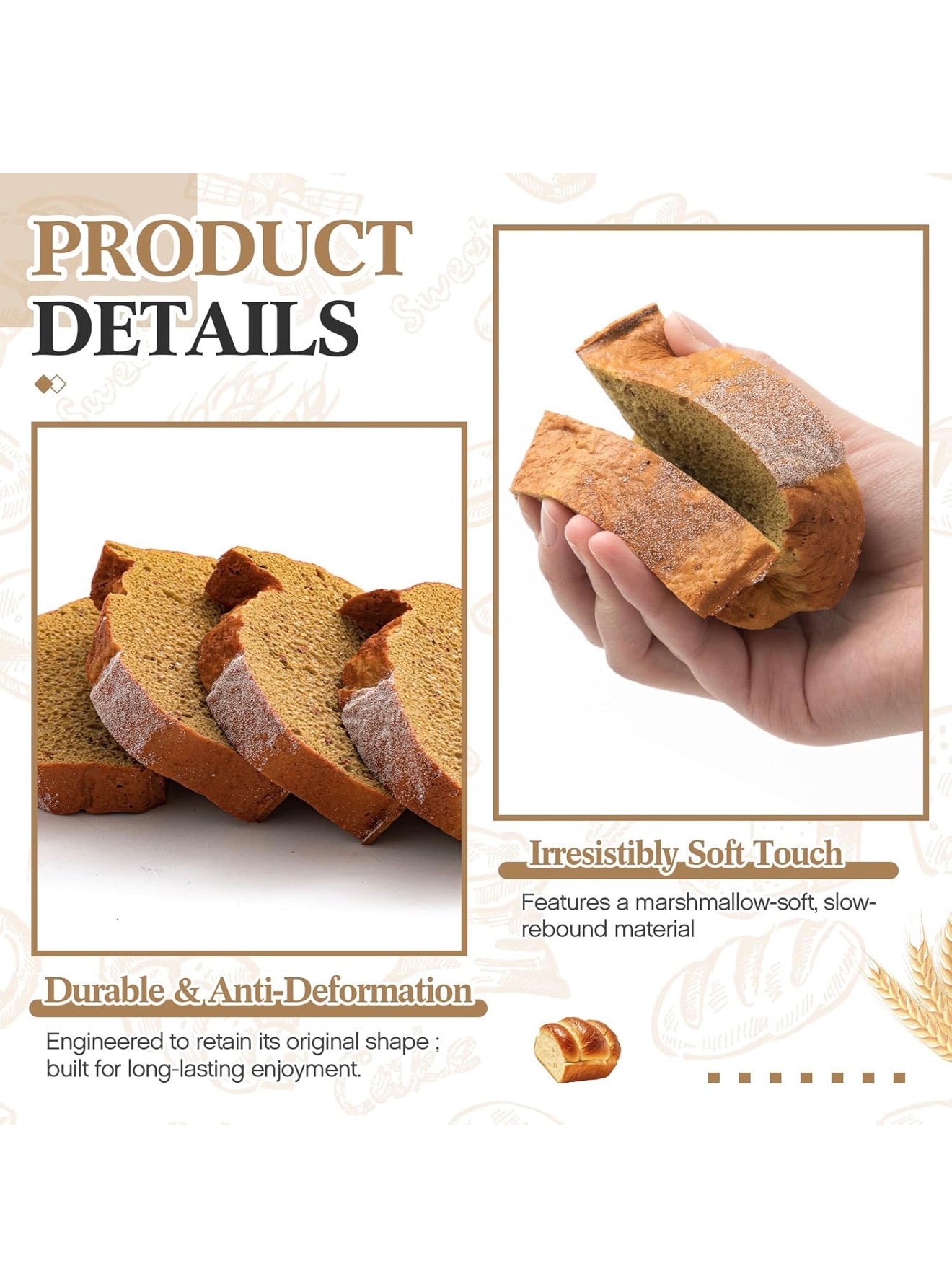 Faux Bread shown in brown slices, soft and durable. Available sizes: small, medium, large.