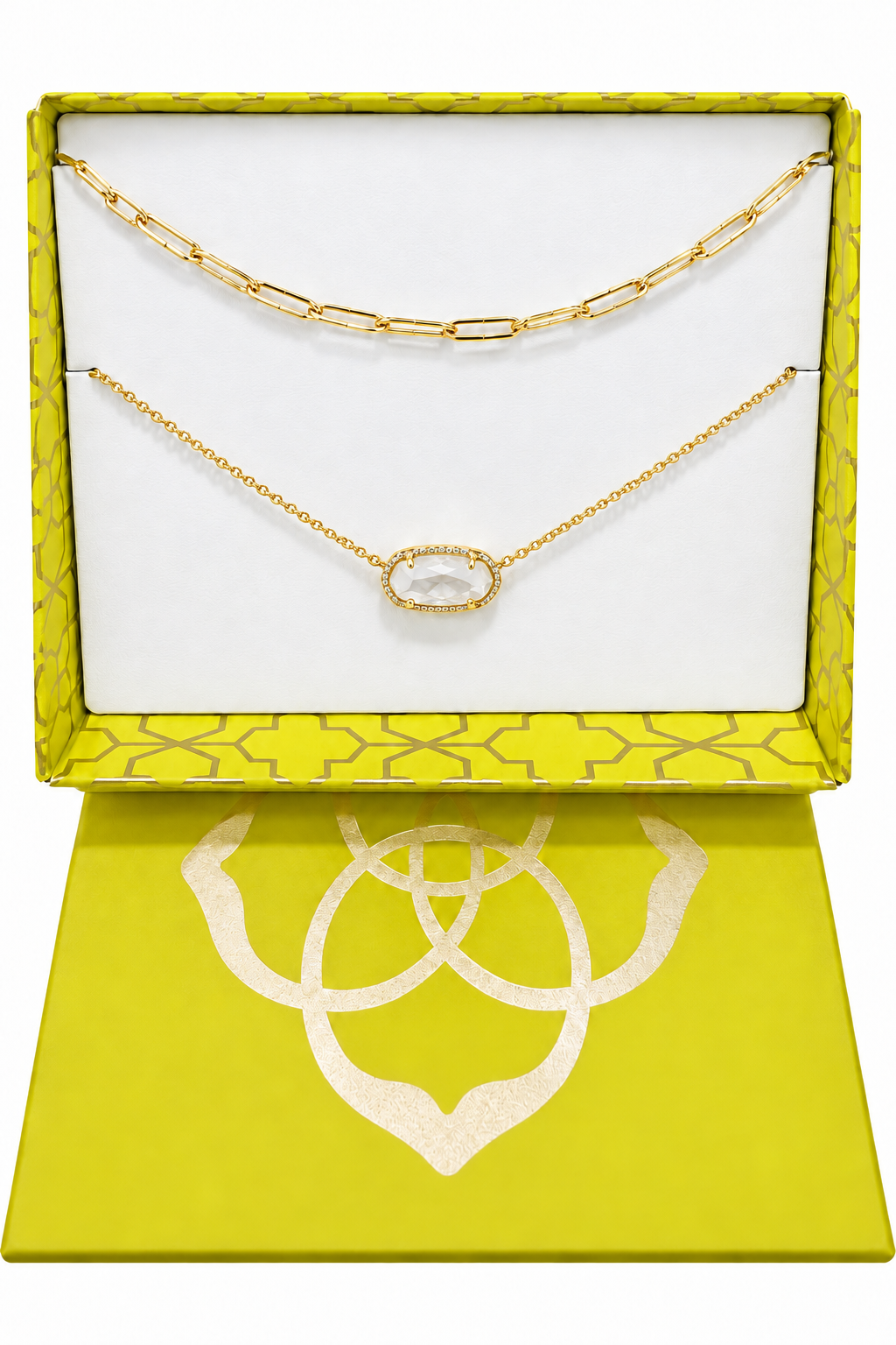 Two gold necklaces with ivory mother of pearl accents in a yellow gift box; available in one size.