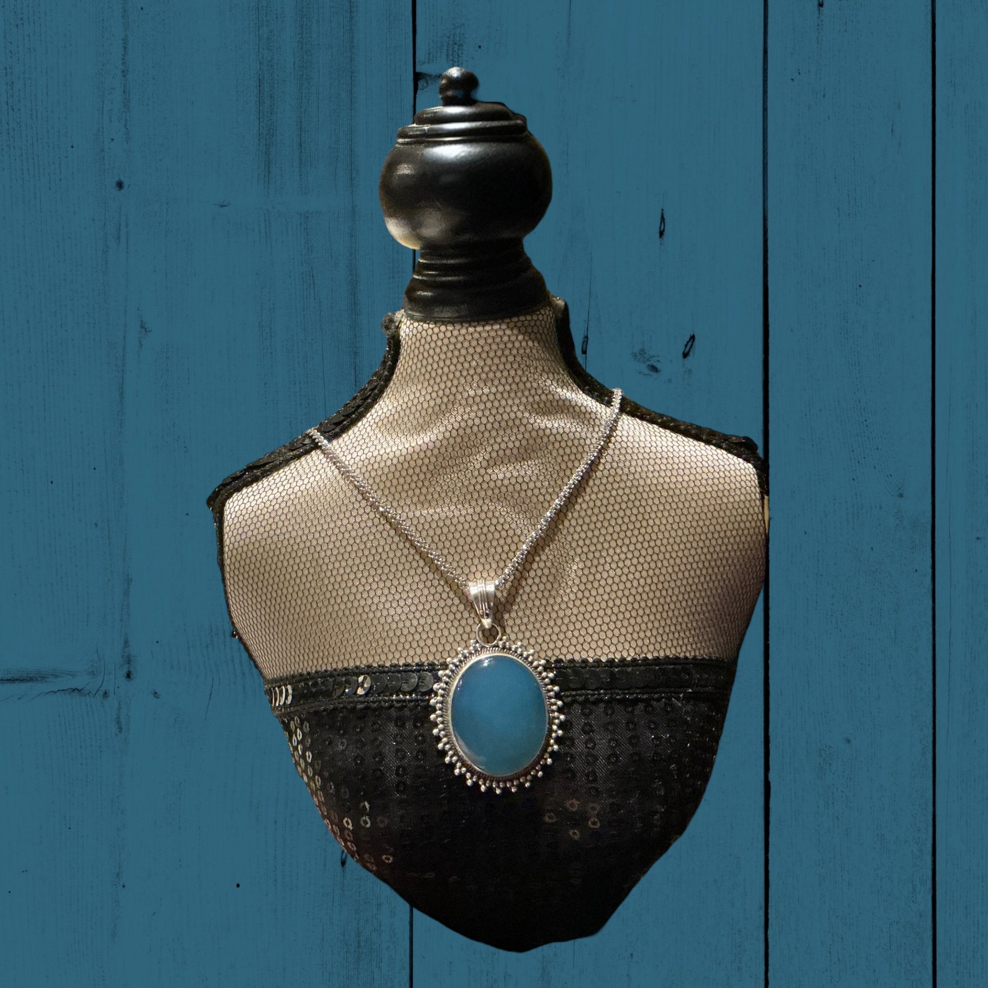 Vintage Sterling Silver Necklace with large oval blue pendant. Available in 16", 18", and 20" chain lengths.
