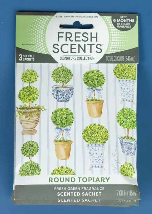 Round Topiary Scented Sachets with fresh green fragrance, lasting up to 6 months; available in multiple sizes.