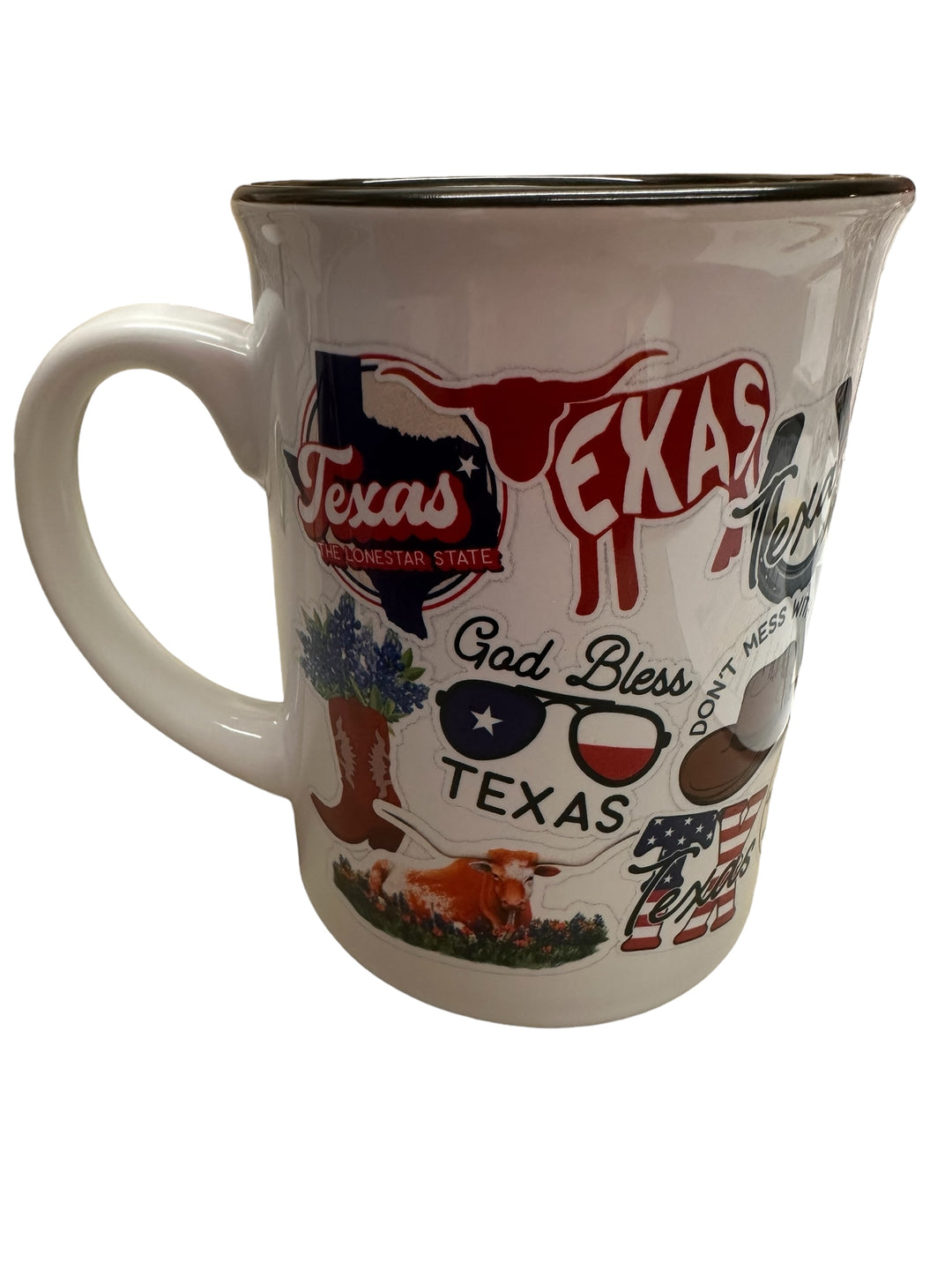 White Texas Large Mug with colorful state-themed designs and slogans. Available in large size only.