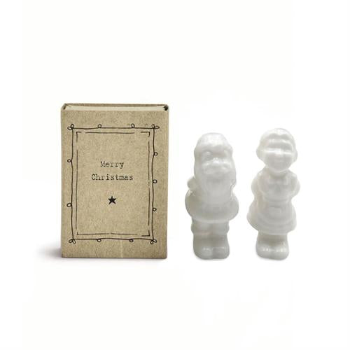 East of India Littles Christmas set including a “Merry Christmas” matchbox and two porcelain miniature figurines of Santa Claus and Mrs. Claus.