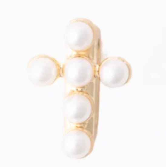 Gold plated Camryn Bracelet Charm Bar with five round white pearls in a cross shape. Available sizes: small, medium, large.