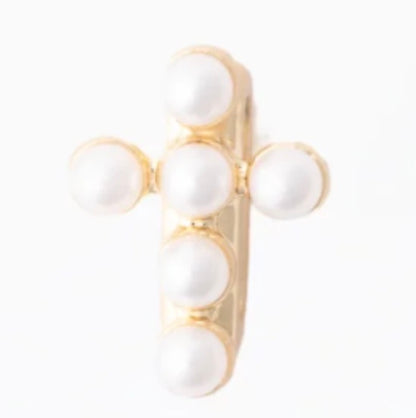 Gold plated Camryn Bracelet Charm Bar with five round white pearls in a cross shape. Available sizes: small, medium, large.