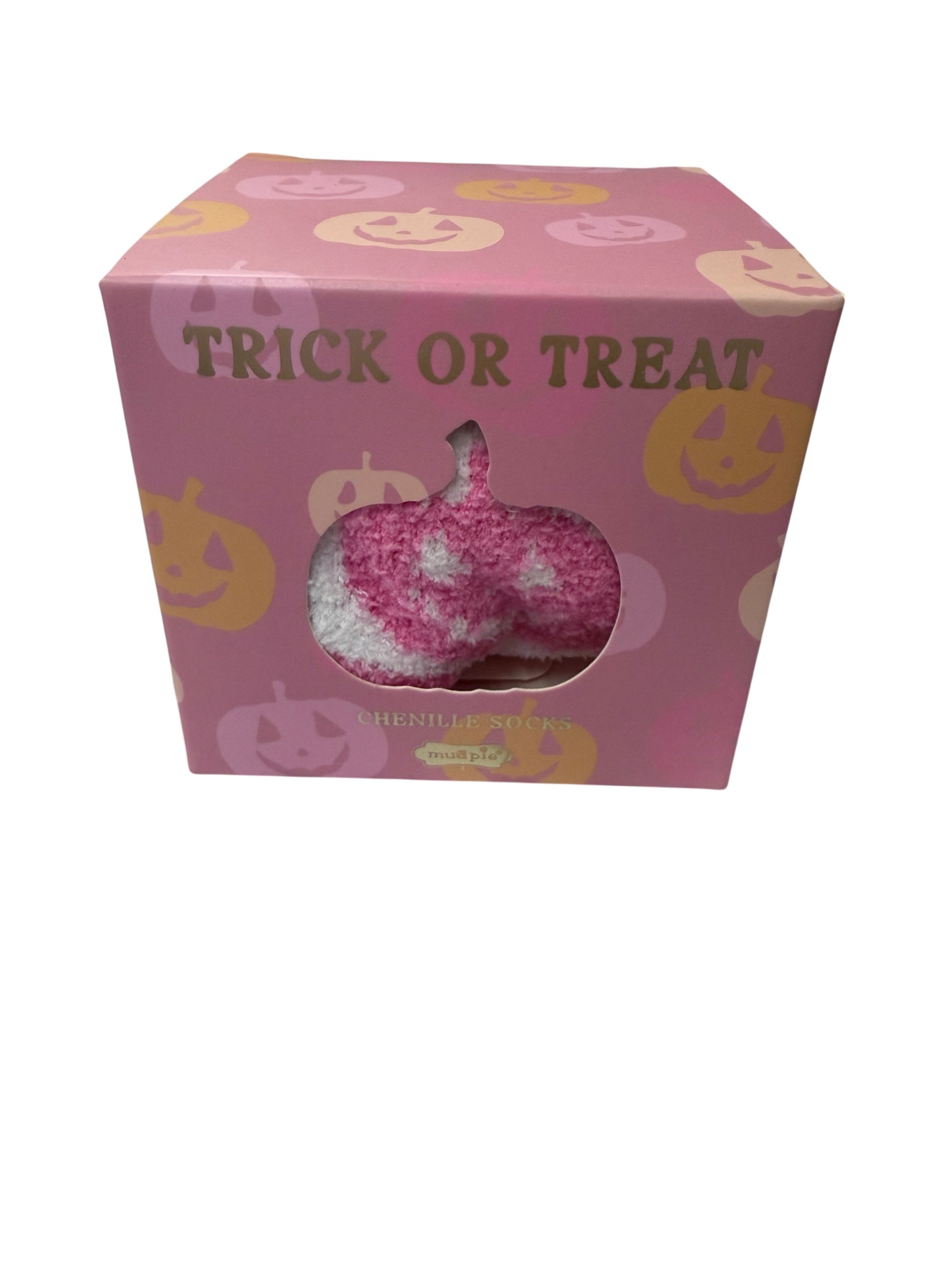 Halloween Sock Set in pink box with "Trick or Treat" text, pastel pumpkins, window showing pink/white socks. Sizes: S/M, M/L.
