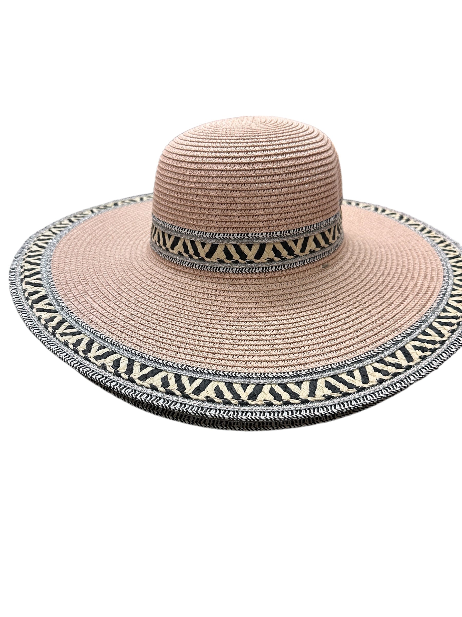 Wide-brimmed tan straw hat featuring black and white tribal patterns on the brim and a matching decorative band. Sizes: S, M, L, XL. Perfect for fashionable outdoor activities.