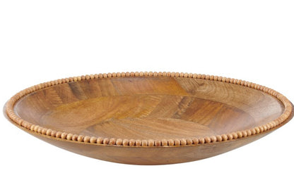 Shallow, round mango wood serving bowl with smooth surface and beaded rim. Available in 10" and 14" diameters.